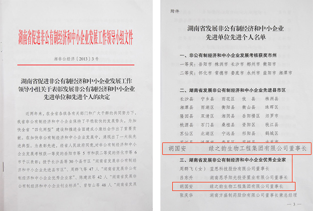 绿之韵董事长胡国安被评为“湖南省发展非公有制经济和中小企业优秀企业家”